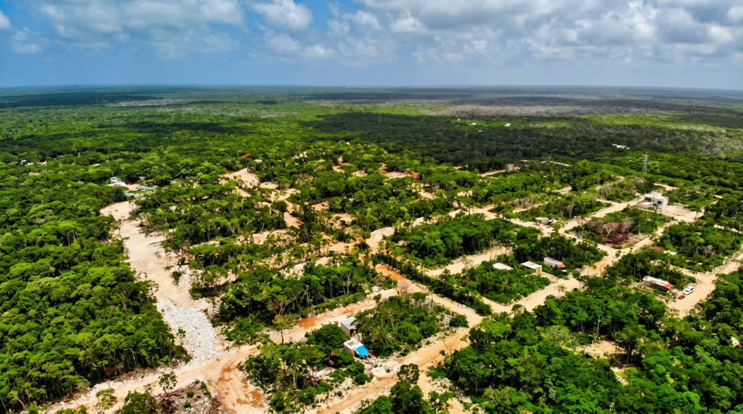 Sedetus marca dos desarrollos de Tulum en el mapa y advierte a compradores que se alejen Aerial view of a cleared settlement with tan-colored buildings and cleared land parcels cut through dense green forest, with a winding river alongside
