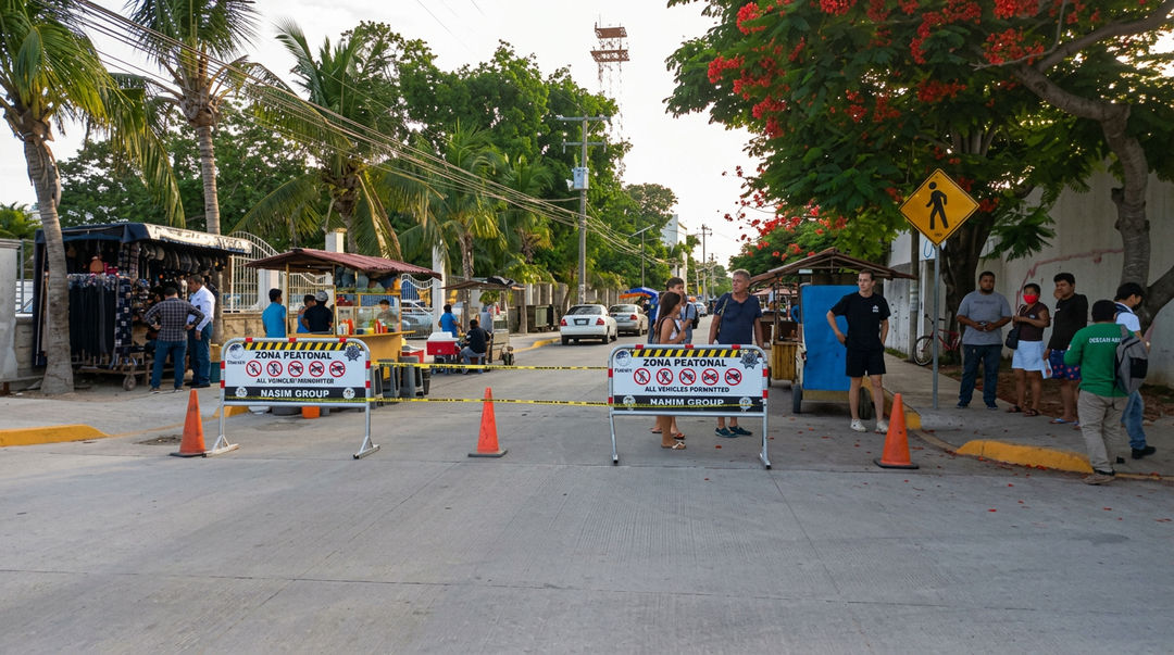 A street is blocked with yellow and black barriers and traffic cones, with people gathered on both sides near shops and trees