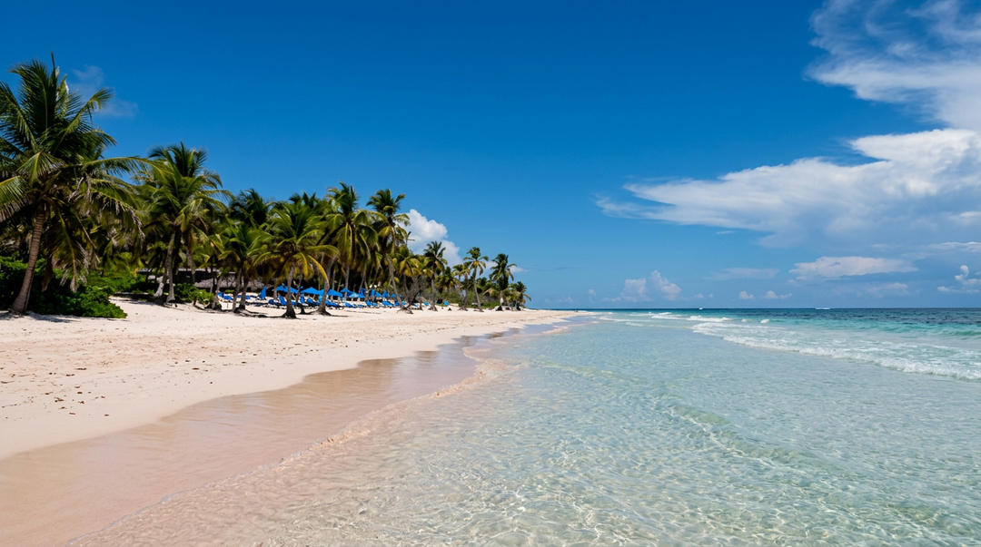 Tropical beach with clear turquoise water, white sand, palm trees, and blue lounge chairs along the shoreline under a partly cloudy sky