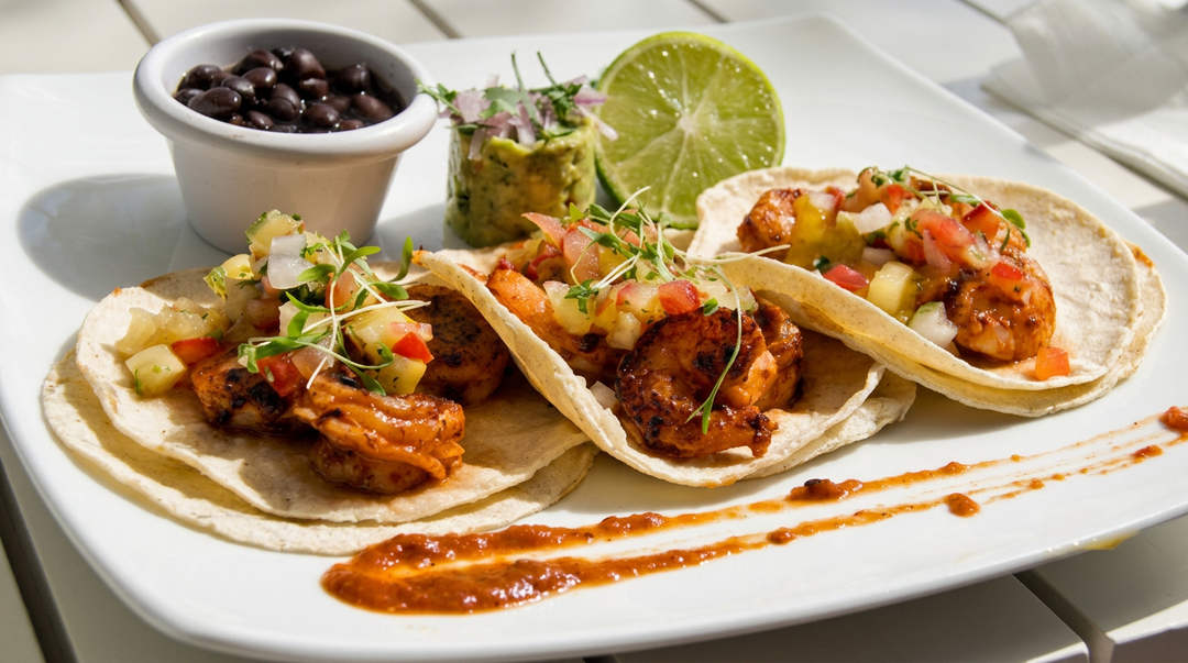 Three soft tacos filled with seasoned meat and topped with pico de gallo and microgreens, served with black beans, lime, and sauce on a white plate