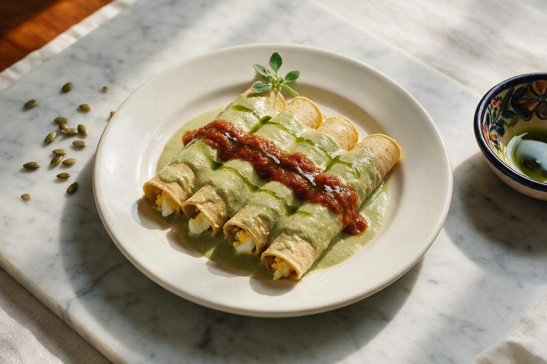 Papadzules: tortillas en salsa de pepita con huevo Rolled tortillas under a pale green pumpkin seed sauce with a band of red tomato sauce across the middle, on a porcelain plate on marble