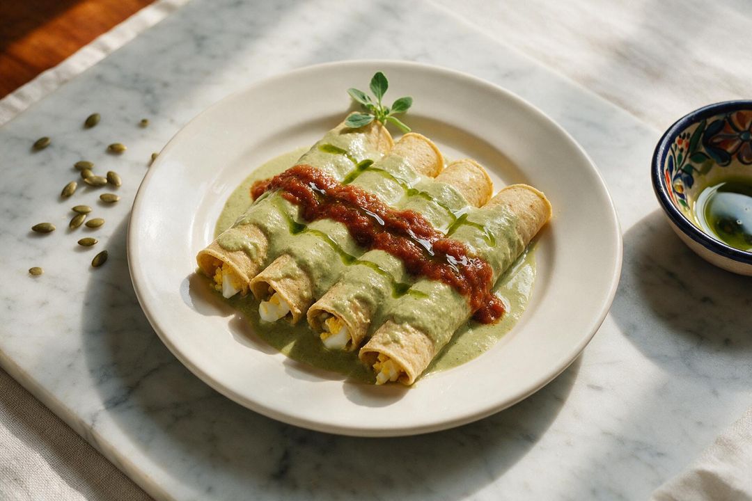 Tortillas enrolladas bañadas en salsa verde de pepita, con una franja de salsa roja de tomate en medio, servidas en un plato de porcelana sobre mármol