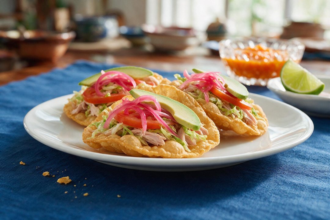 Salbutes: Yucatecan Puffed Fried Tortillas with Turkey or Chicken Three puffed fried corn tortillas topped with shredded turkey, lettuce, tomato, pickled red onion and avocado on a white plate