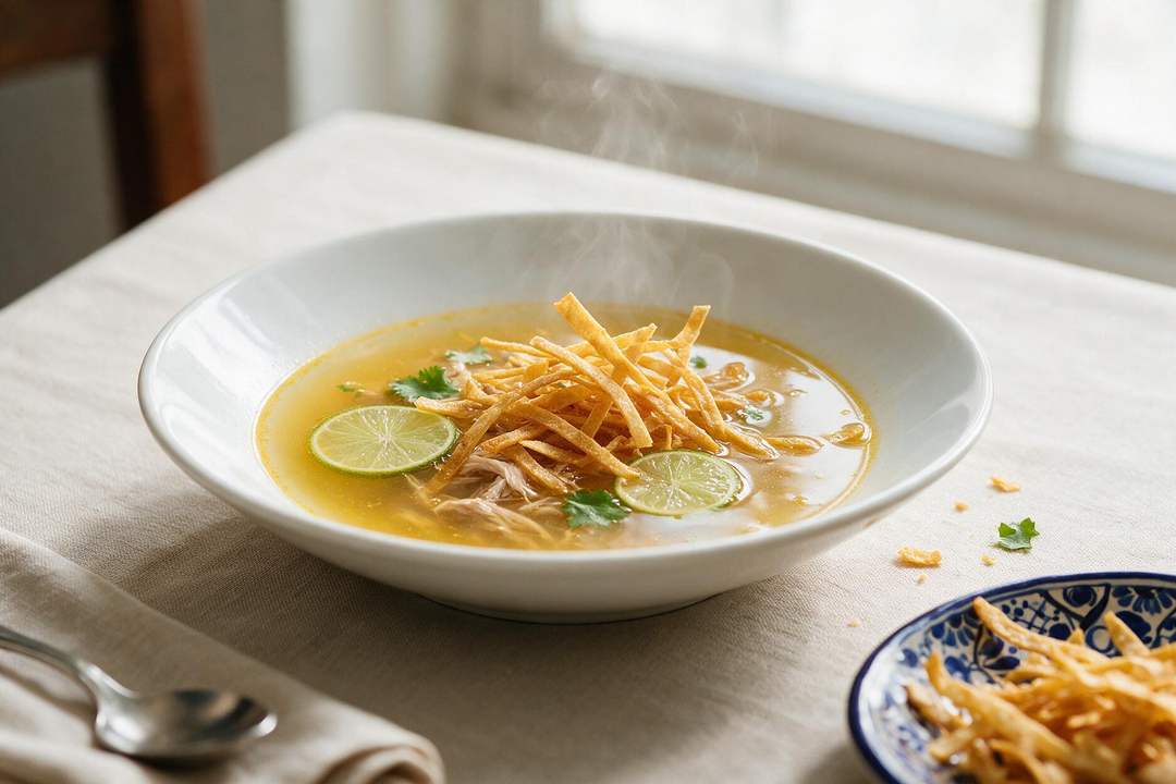 A porcelain bowl of clear golden broth with shredded turkey, crisp tortilla strips and floating wheels of lima agria, steam rising