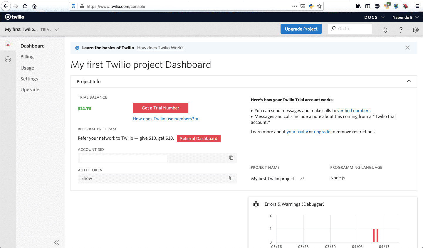 Twilio dashboard