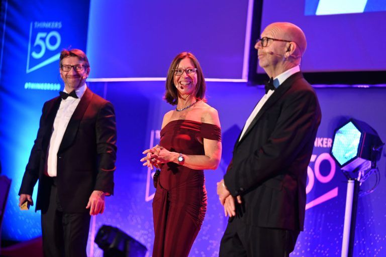 Des Dearlove, Megan Reitz, and Stuart Crainer cohosting the Thinkers50 Awards Gala 2025