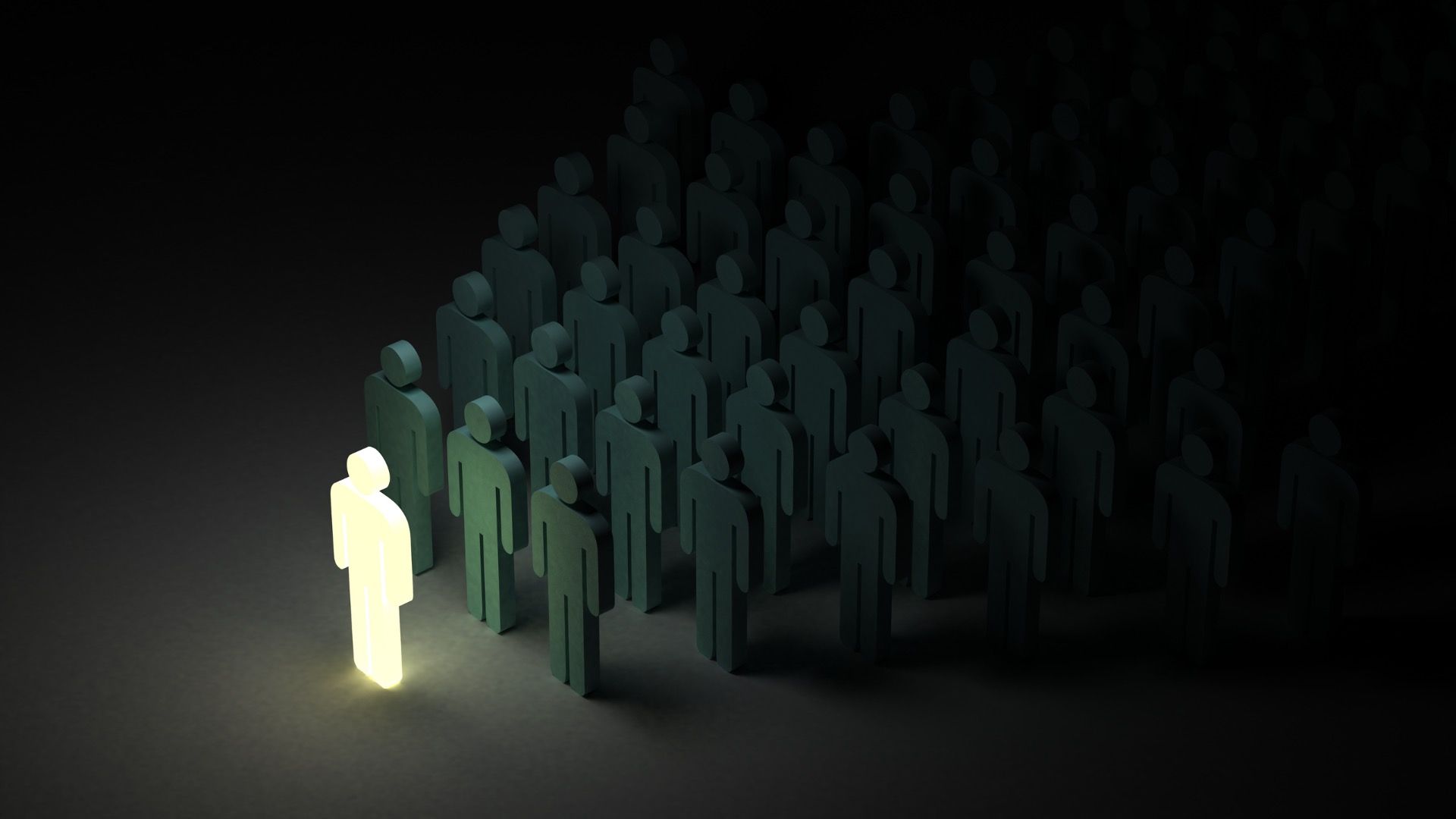 Human figures arranged in a triangular formation, with one figure illuminated at the front, representing a leader.