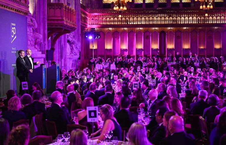The Thinkers50 Awards Gala taking place at Guildhall in London, with guests seated at round tables and Thinkers50 founders Stuart Crainer and Des Dearlove on stage.