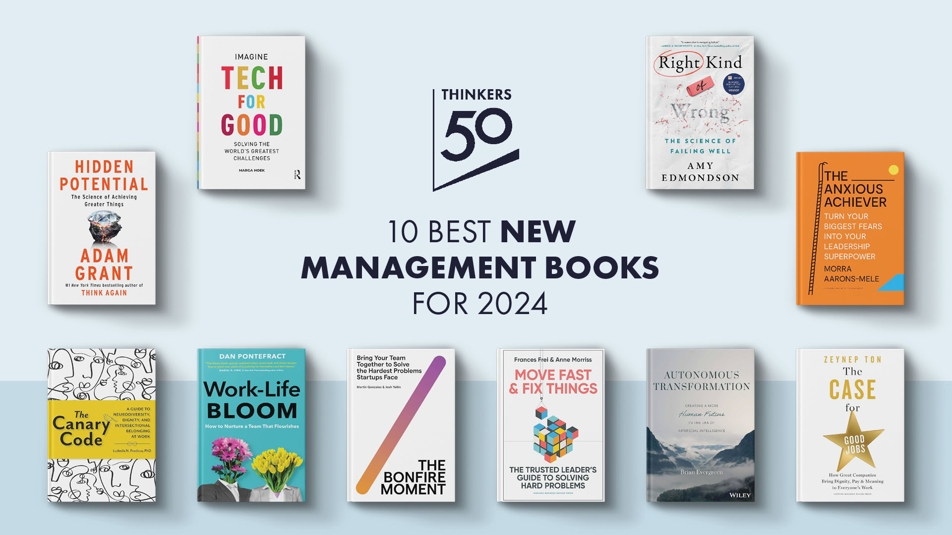 Thinkers50 logo, the text “10 Best New Management Books for 2024,” and the book covers of these books displayed on a light blue background.