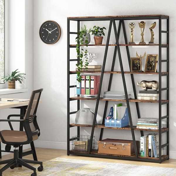 Byblight Eulas 75 In. Brown Mdf 6 Shelf Bookcase With Metal Frame, Tall  Bookshelf For Living Room Bb F1383 Xf – The Home Depot For Brown Metal Bookcases (Photo 10 of 15)