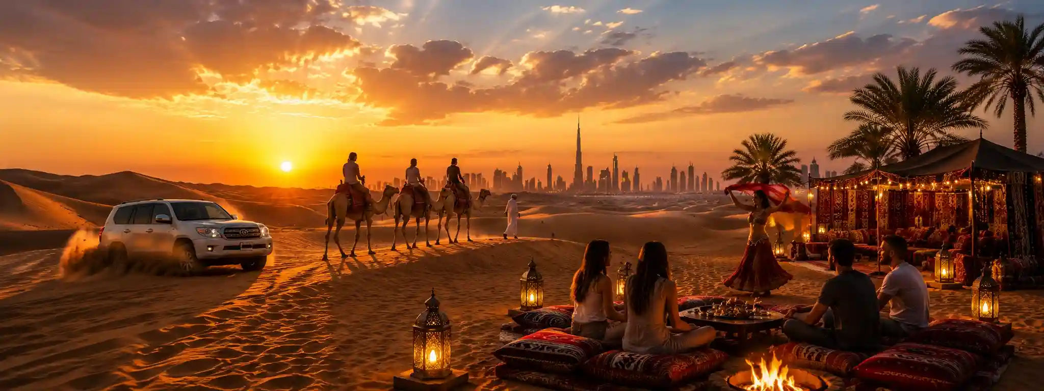 Dubai desert safari experience at sunset with camel ride, desert camp, golden dunes, and Dubai skyline in the distance