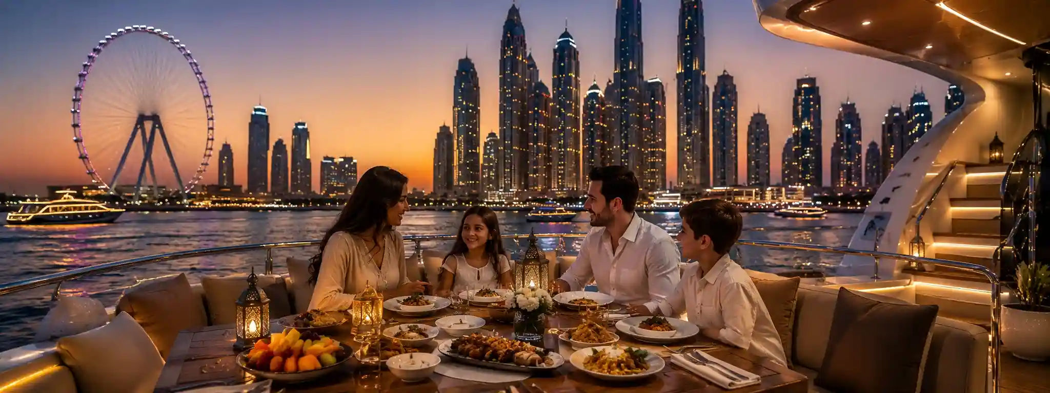 Luxury yacht dinner experience in Dubai Marina at sunset with elegant dining and city skyline views