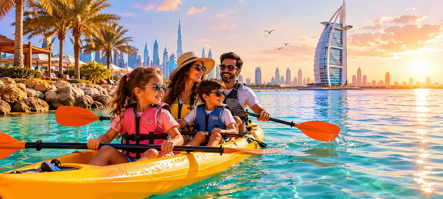 A peaceful family water adventure in Dubai featuring kayaking and paddleboarding in calm, shallow waters.