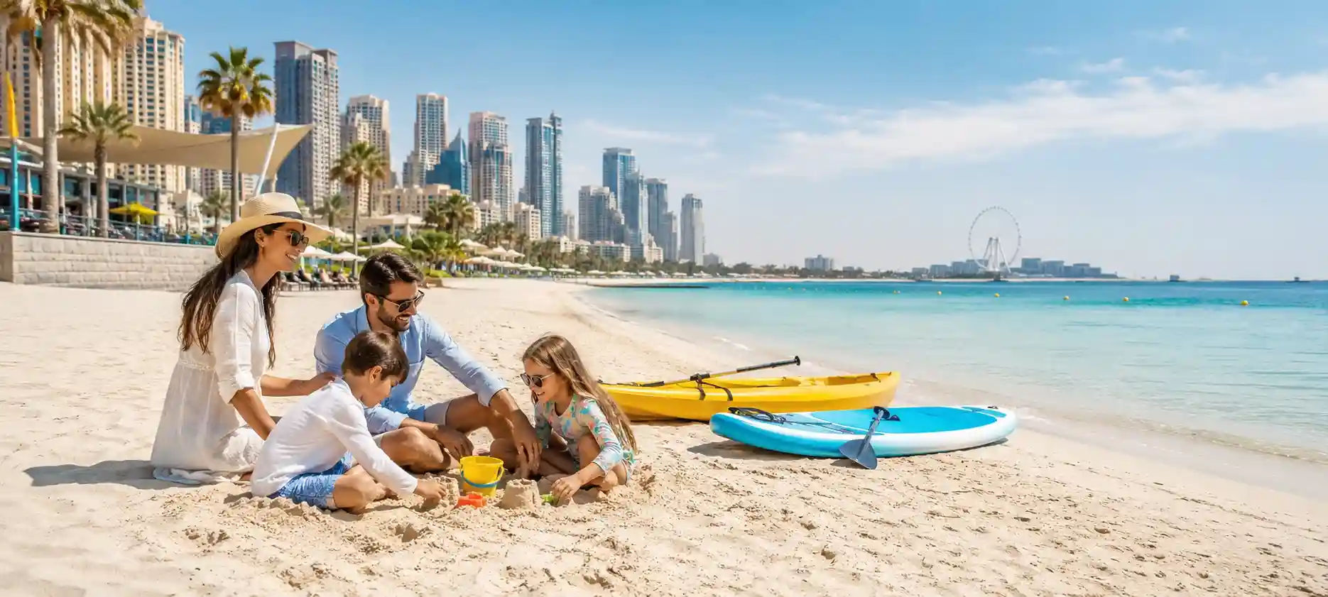 A family-friendly Dubai beach setting with calm waters, scenic views and space for a relaxing day by the sea.