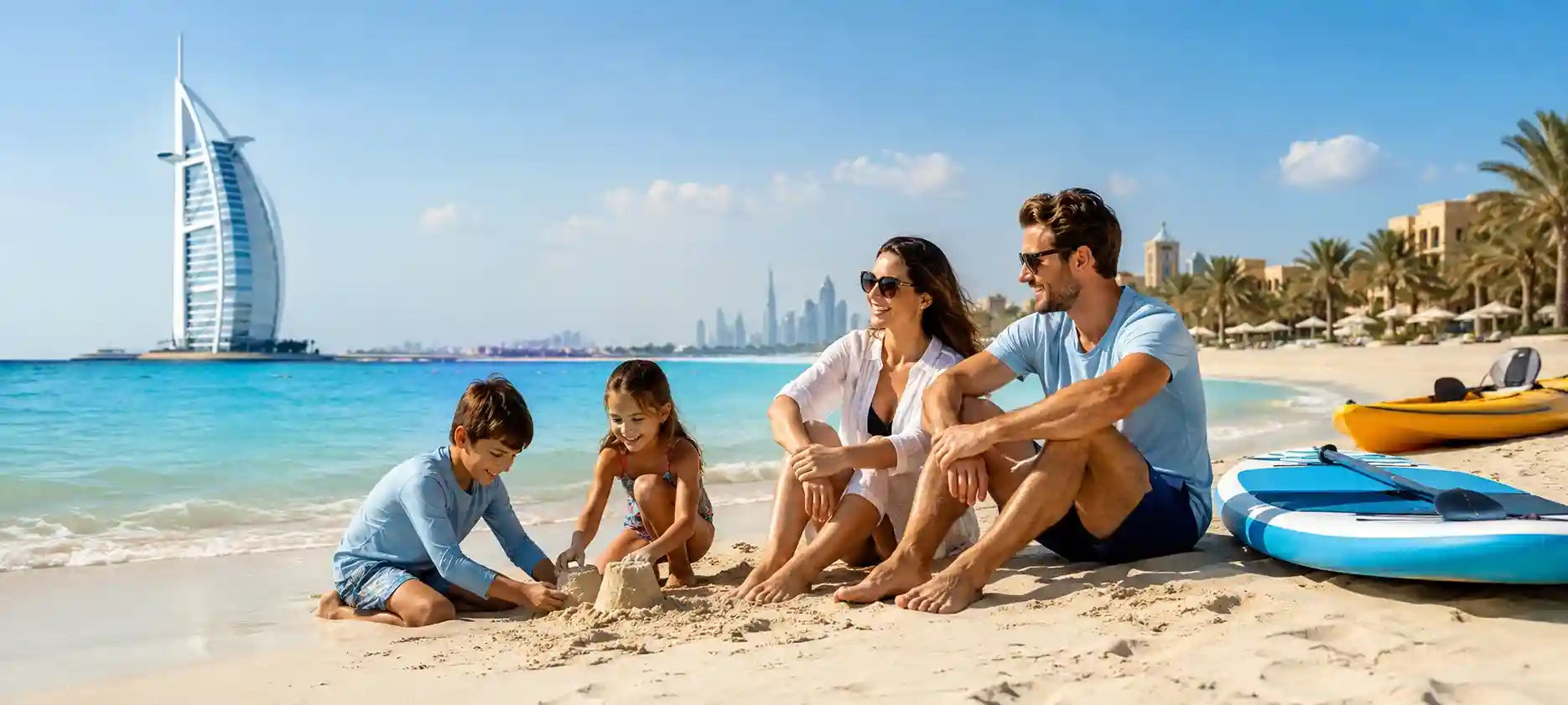 A relaxing family beach day in Dubai with easy access to memorable water activities.