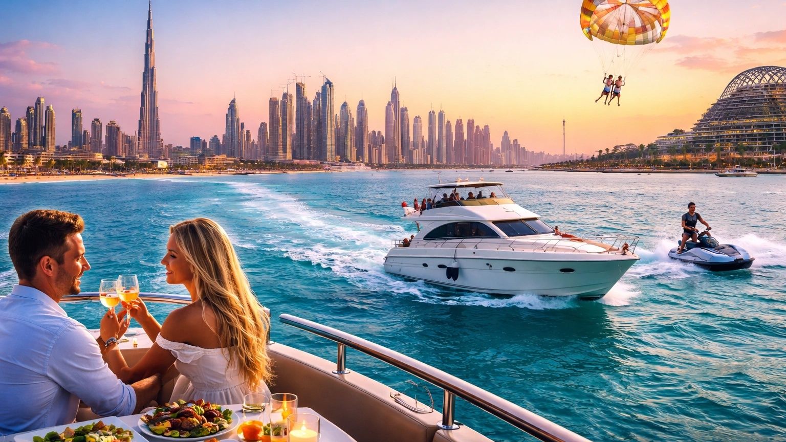 Dubai experiences and everyday services including dinner cruises, yacht rentals, water sports, and home cleaning services