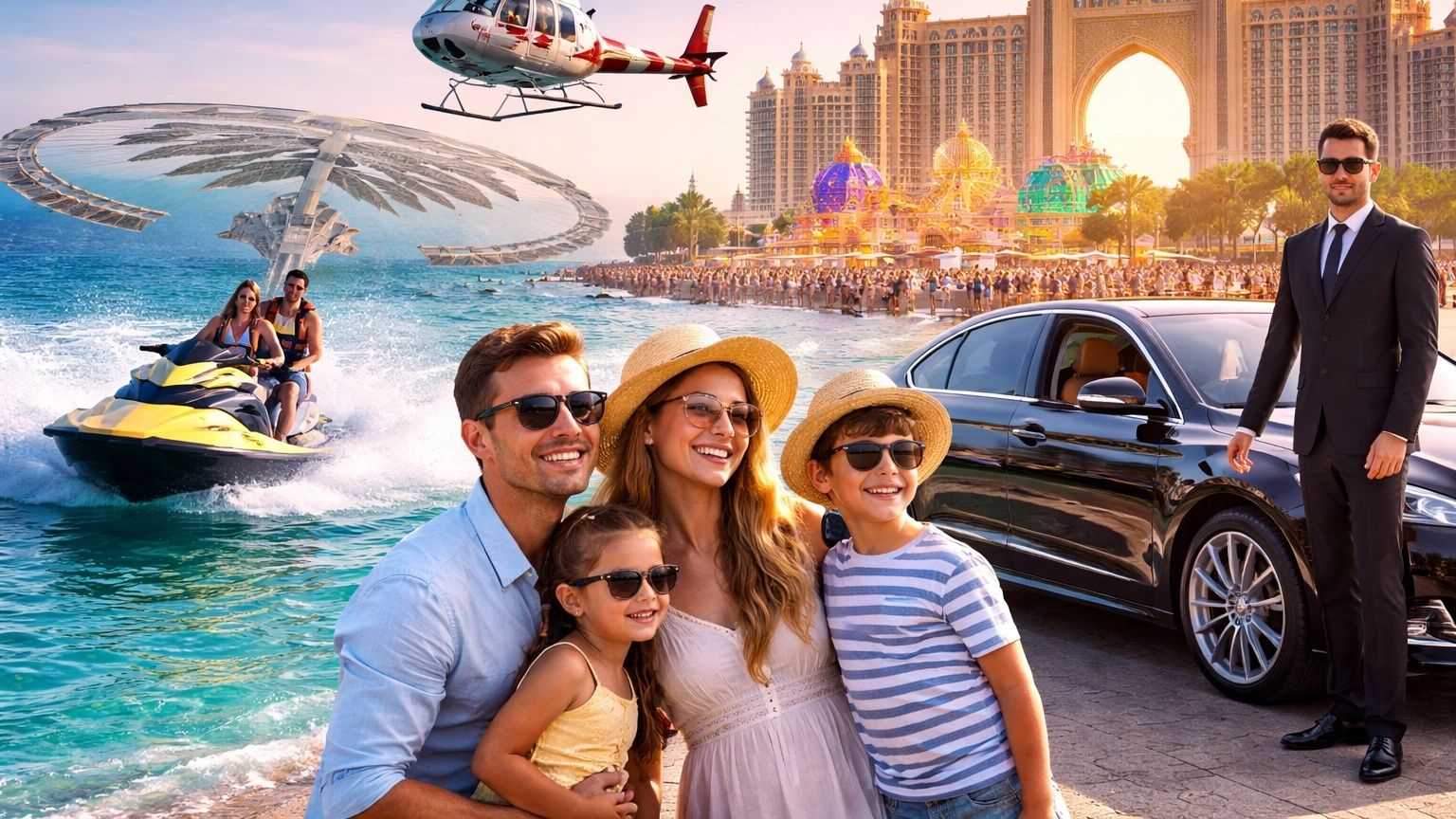 Dubai family experiences including Sea-Doo rides, helicopter tours, Global Village visits, and private transport services
