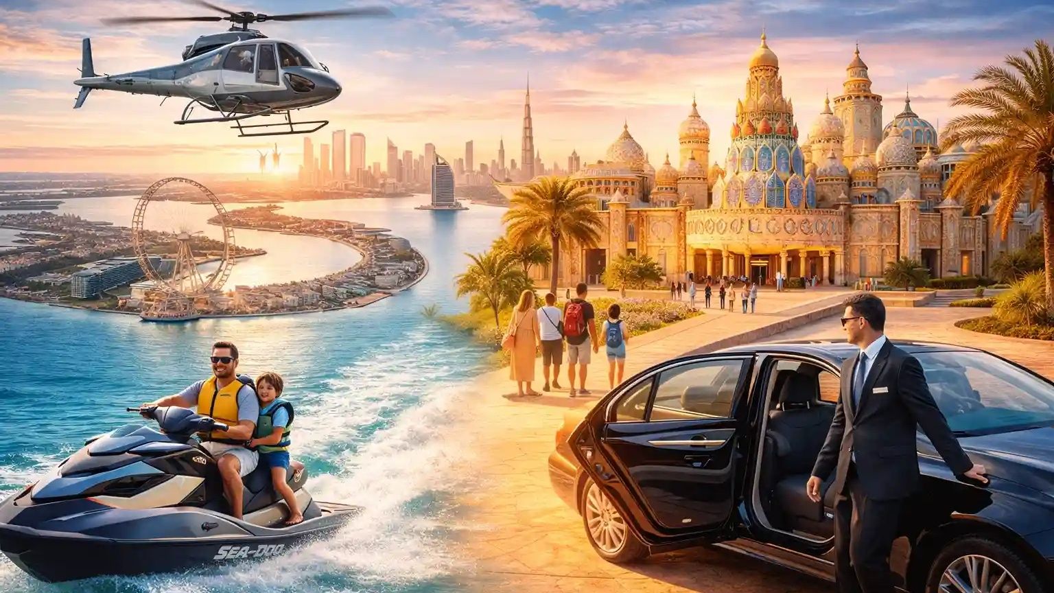 Family enjoying Sea-Doo ride, helicopter tour over Palm Jumeirah, Global Village visit, and private chauffeur service in Dubai