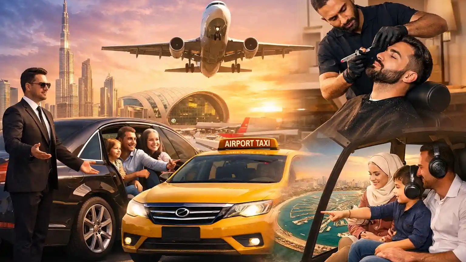 Family enjoying private chauffeur services and mobile grooming in Dubai with airport taxi and skyline views