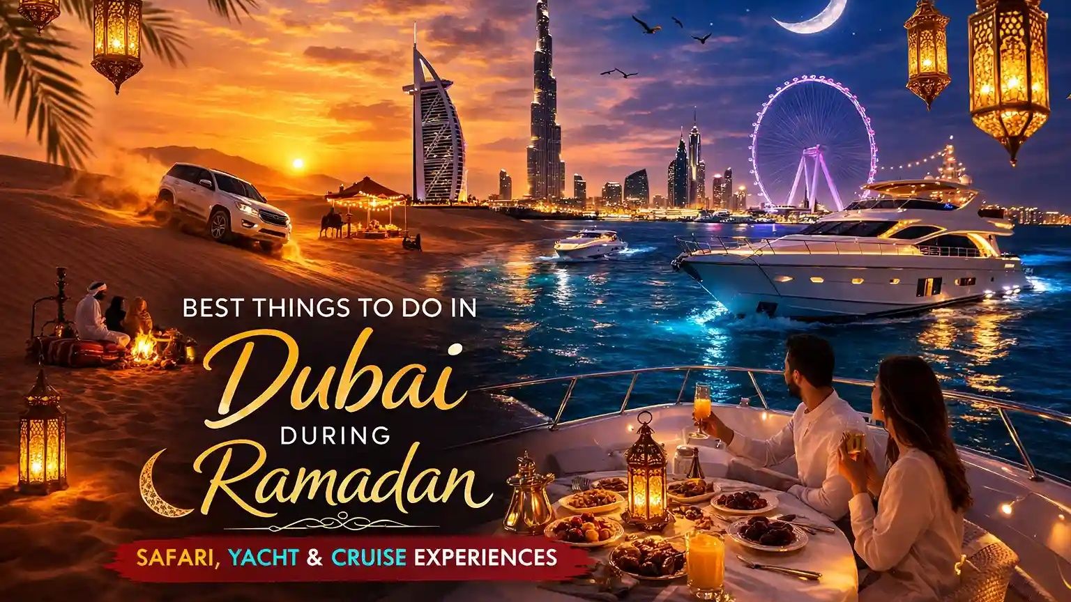 Luxury yacht and desert safari experience in Dubai during Ramadan at sunset with skyline view and crescent moon.