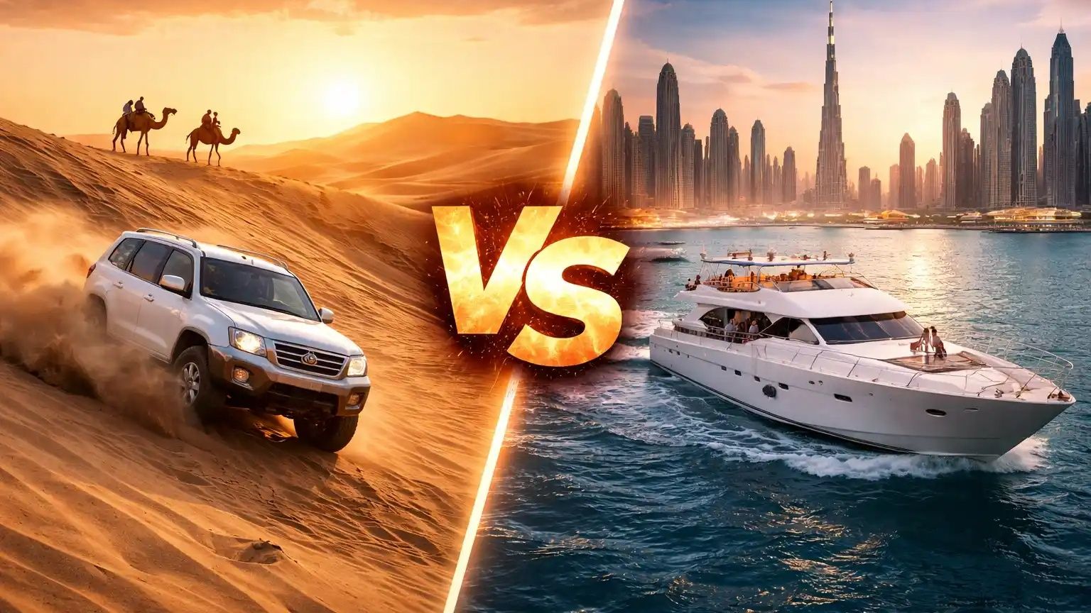 Desert safari dunes with 4x4 vehicle vs luxury yacht in Dubai Marina with skyline at sunset