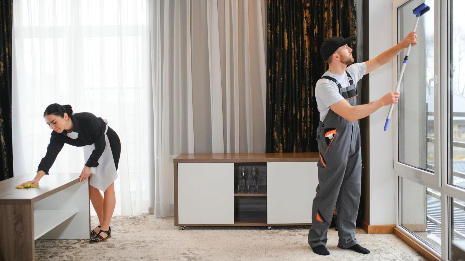 Professional home cleaning service in Dubai apartment with modern interior
