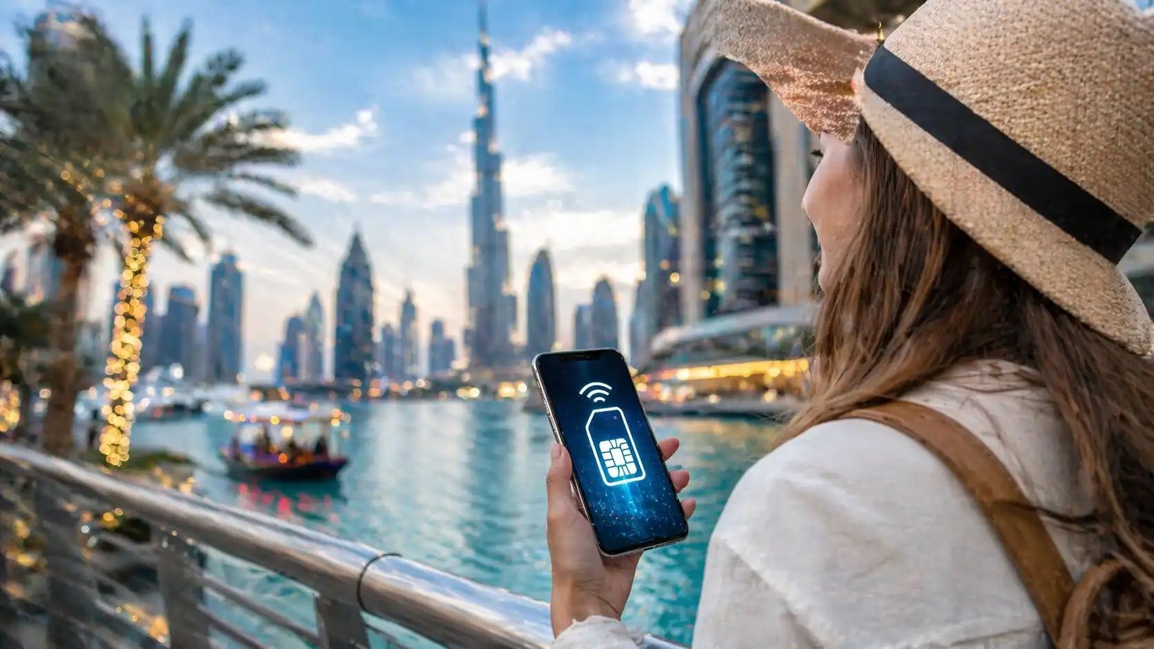 Tourist using smartphone with eSIM internet in Dubai skyline background