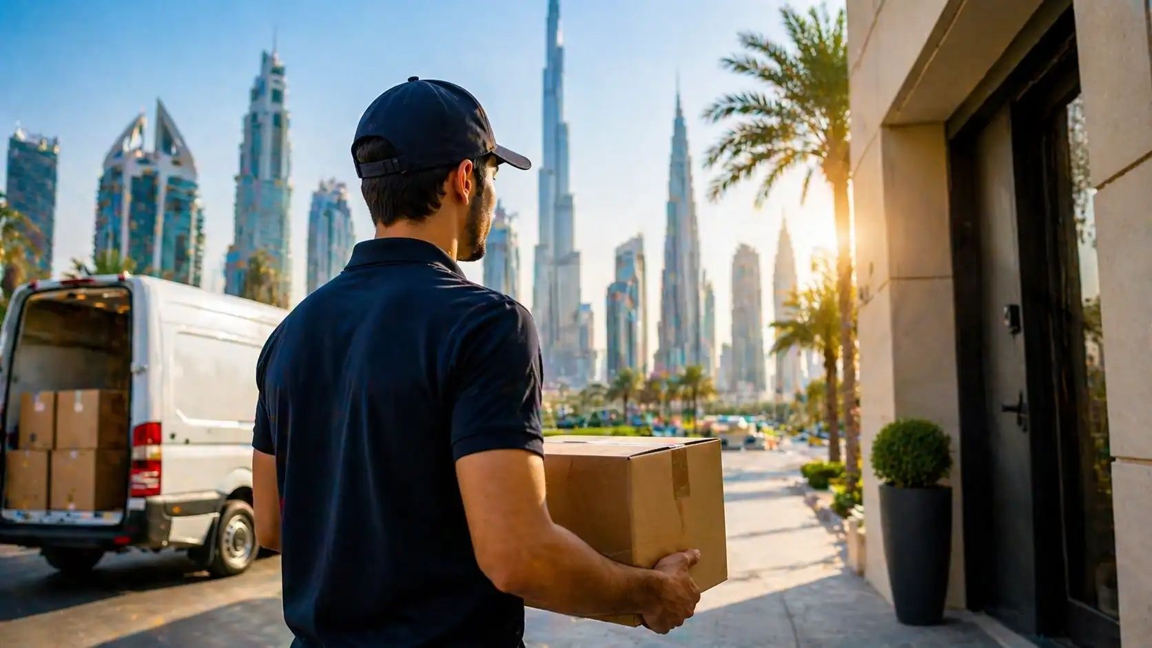 Courier delivering package in Dubai city with fast same day delivery service