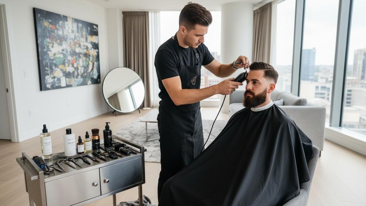 Professional barber giving a home haircut in Dubai apartment with relaxed client