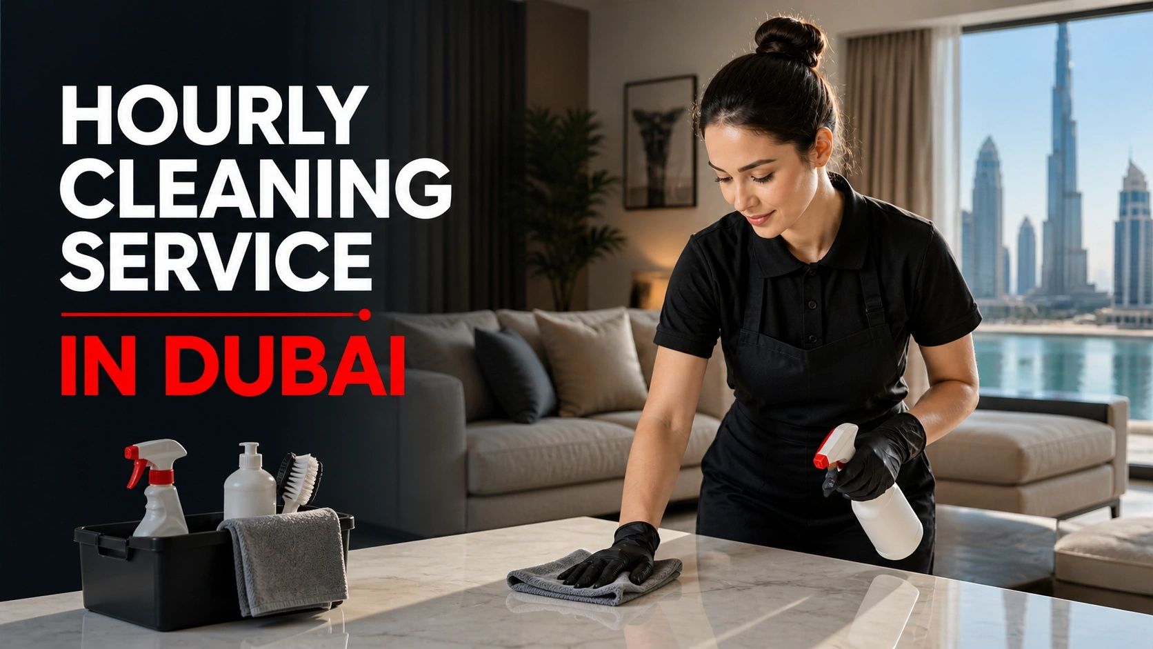 Professional cleaner providing hourly cleaning service in a modern Dubai apartment