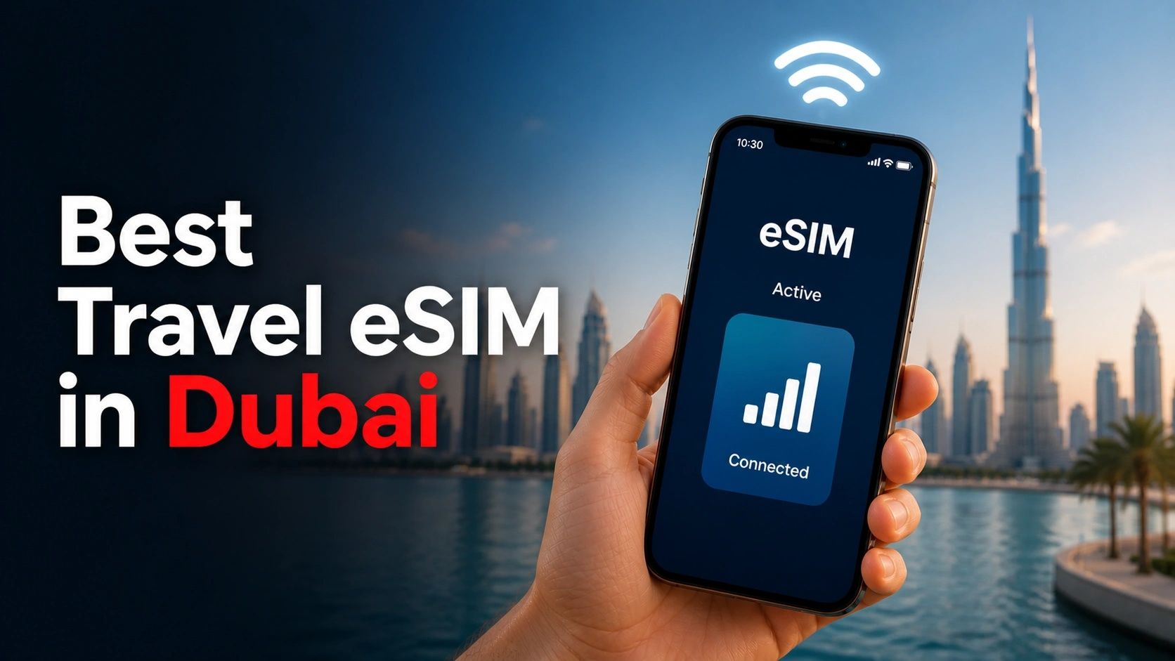 Smartphone showing active eSIM connection with WiFi signal over Dubai skyline