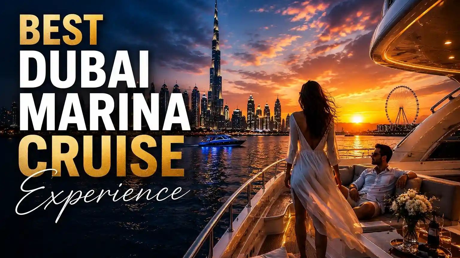 Luxury Dubai Marina dinner cruise yacht at sunset with skyline views