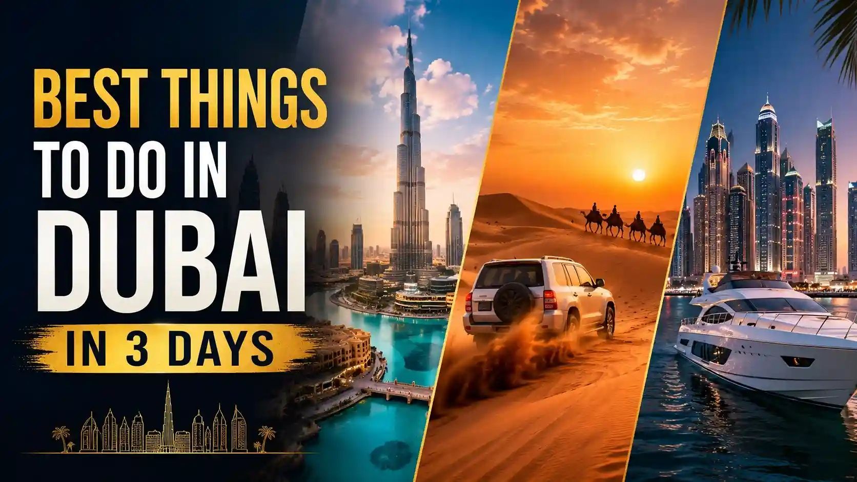 Dubai travel collage featuring Burj Khalifa, desert safari adventure, and luxury yacht experience for a 3-day Dubai itinerary