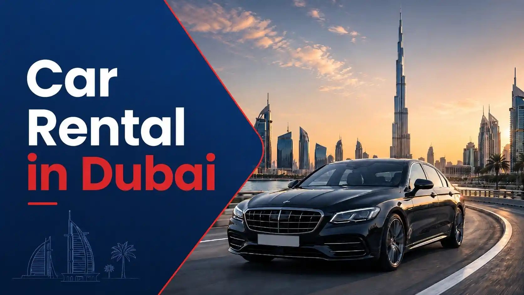 Car rental in Dubai with a luxury car driving near the city skyline