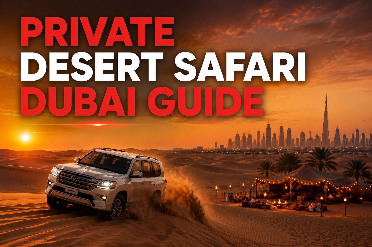 Private desert safari Dubai guide with 4x4 vehicle on sunset dunes
