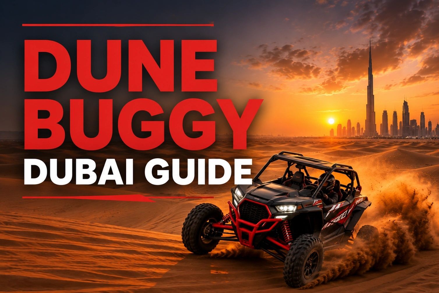 Dune buggy Dubai guide with off-road buggy driving on sunset desert dunes