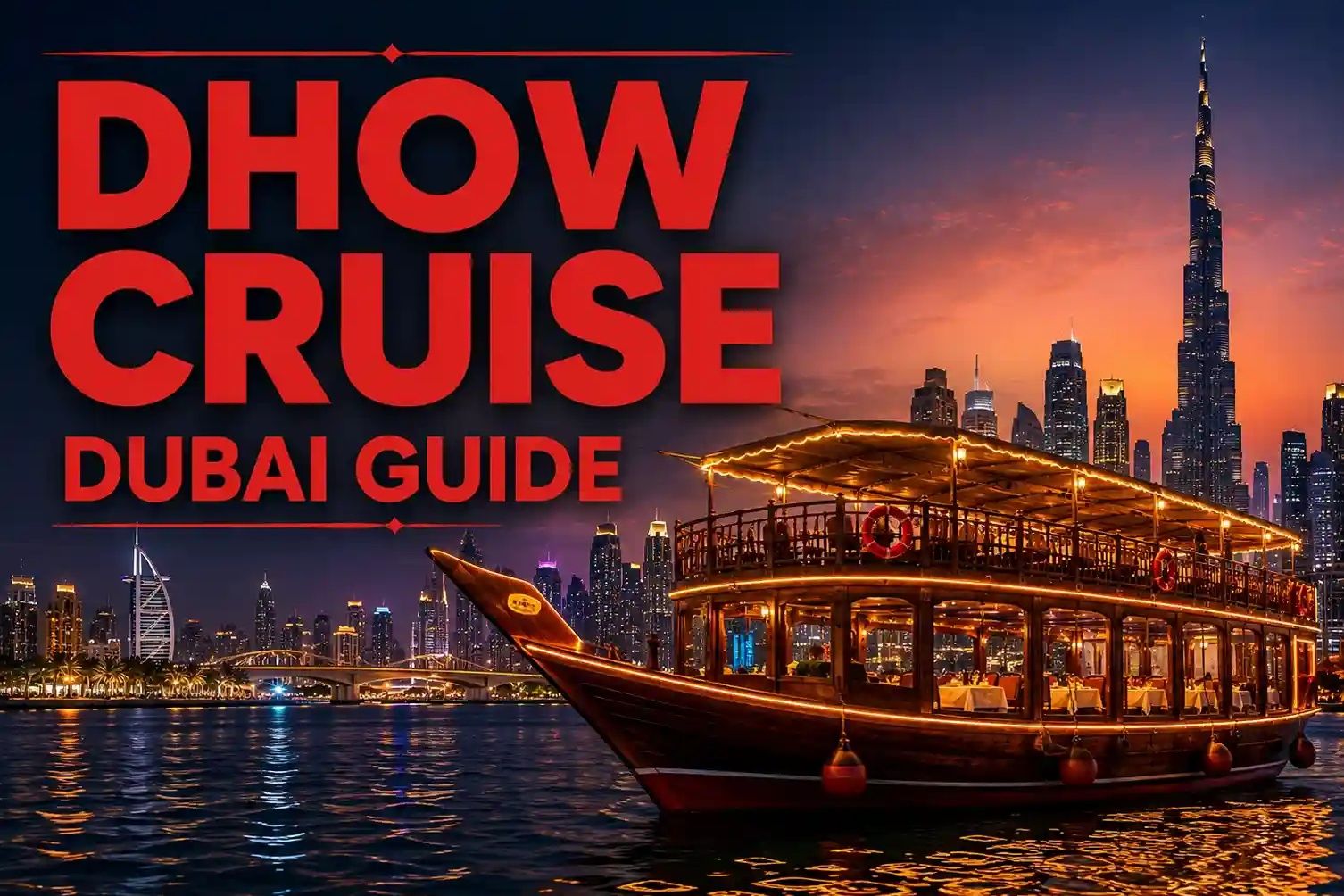 Dhow cruise Dubai guide with traditional boat and skyline dinner views