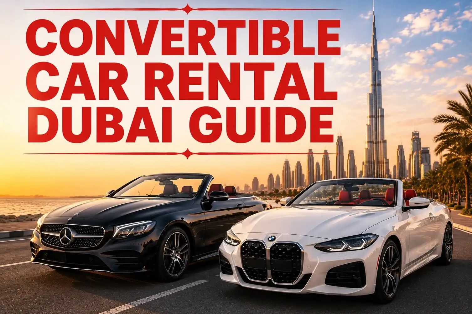 Convertible car rental Dubai guide with luxury BMW and Mercedes driving near skyline
