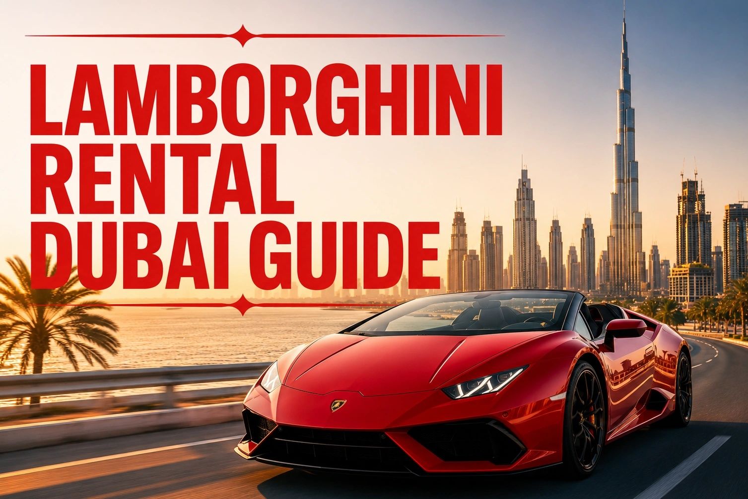 Lamborghini rental Dubai guide with Huracan EVO driving near Dubai skyline