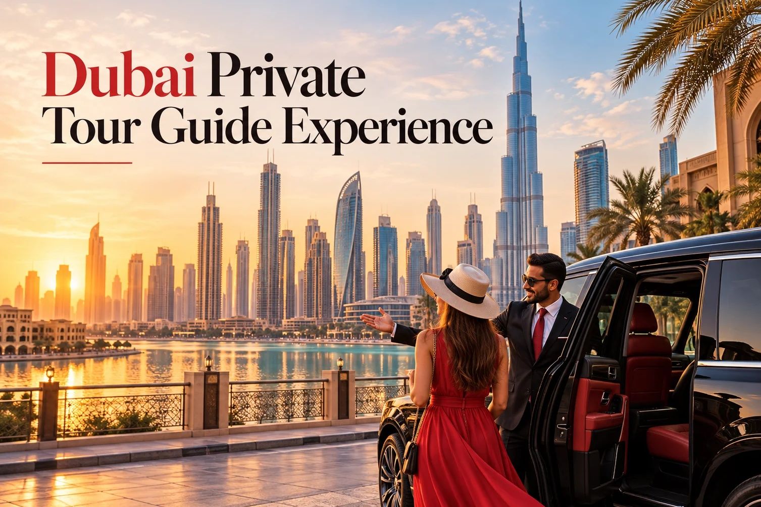 Private tour Dubai guide with luxury vehicle and city landmarks