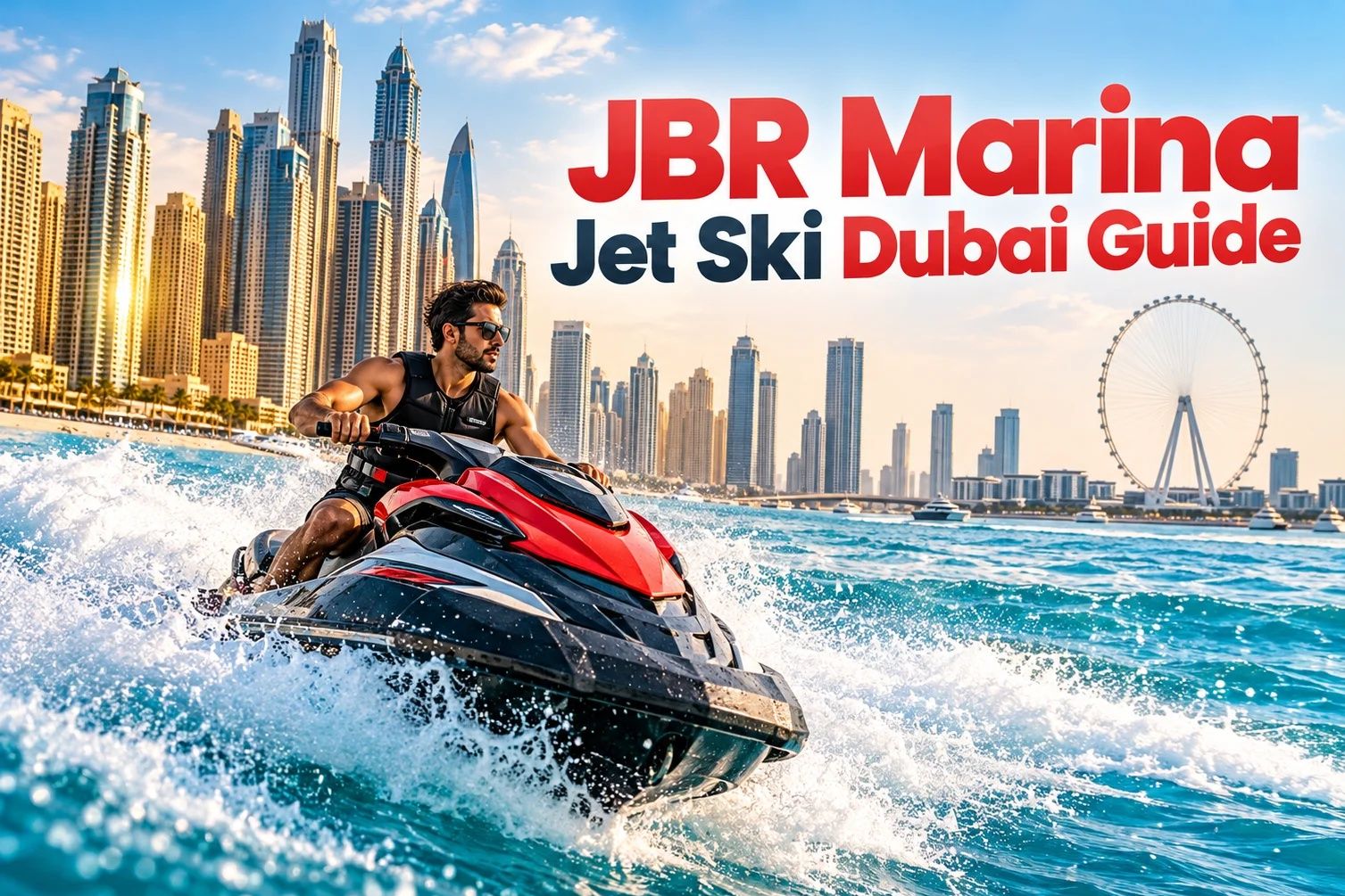 JBR Marina jet ski Dubai guide with rider near skyline and waterfront views