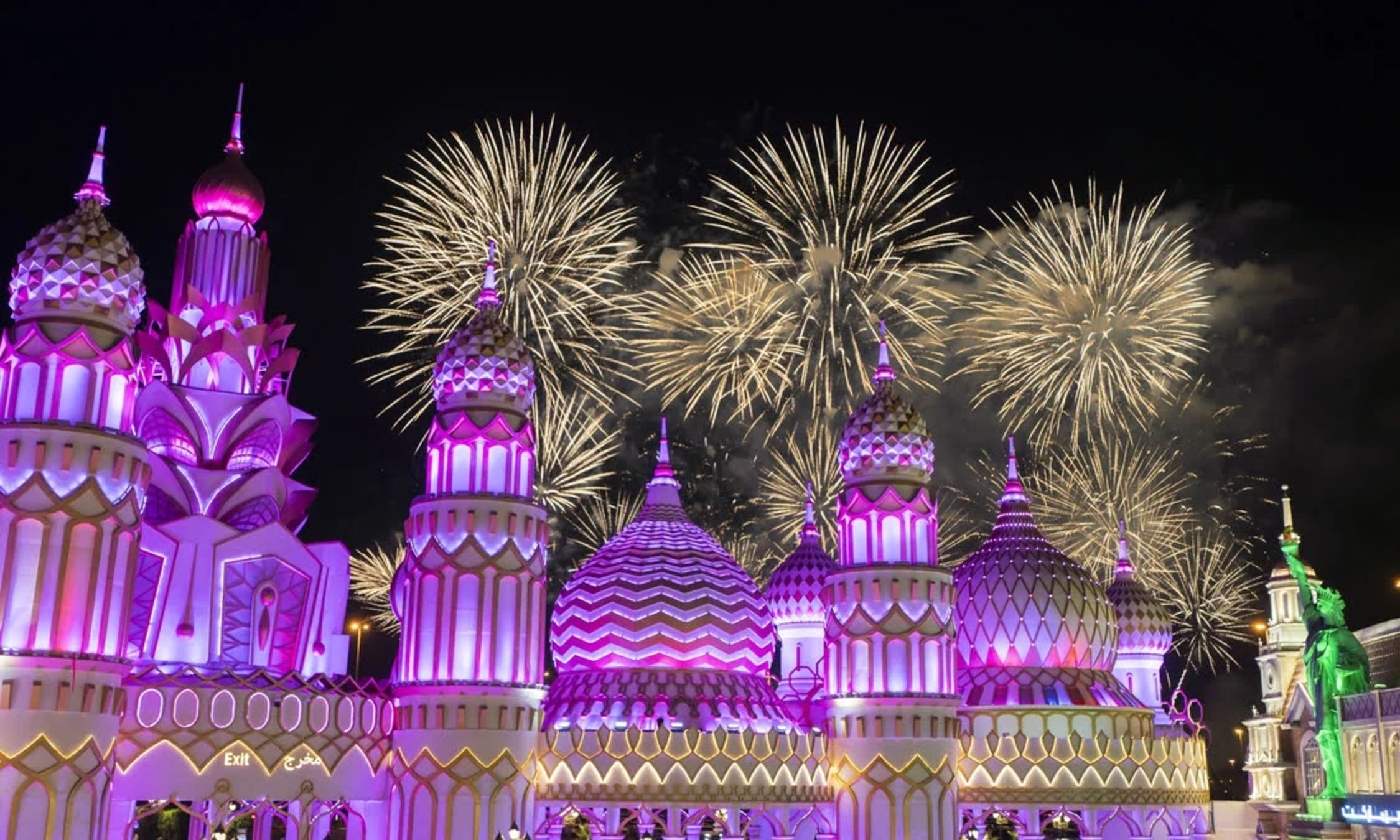 Panoramic night view of Global Village Dubai.