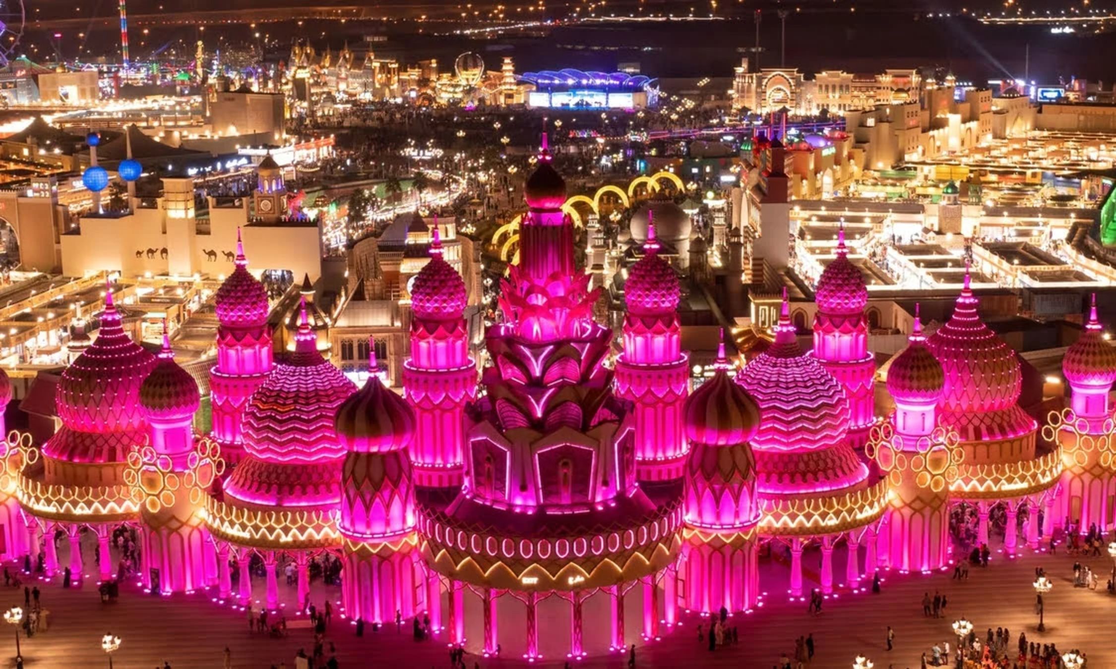 Panoramic night view of Global Village Dubai.