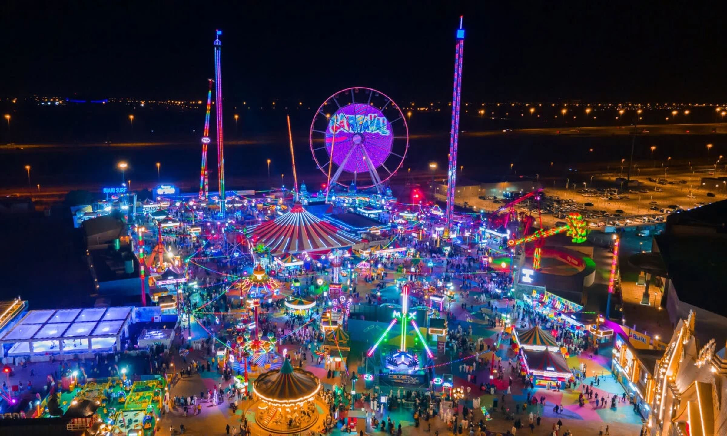 Panoramic night view of Global. Cultural pavilion scene.