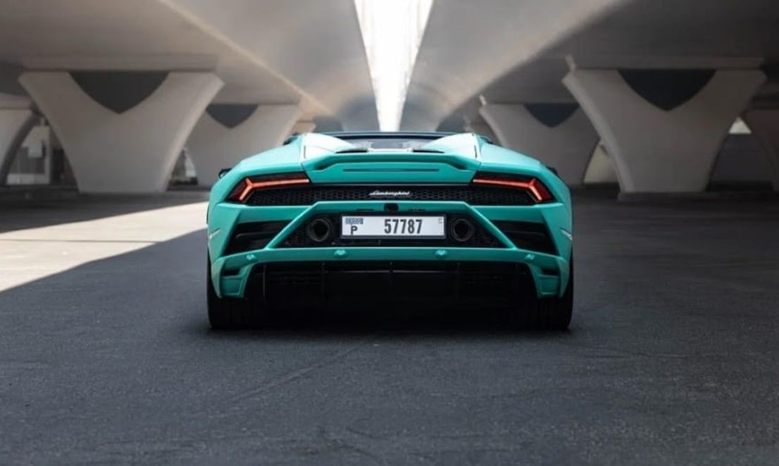 Rear view of Lamborghini Huracan EVO showcasing sporty design.