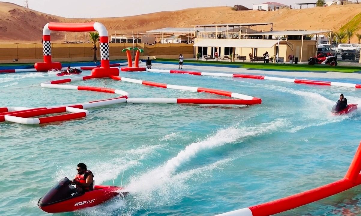 Unique jet ski rental experience in the Dubai desert with open-air water track.