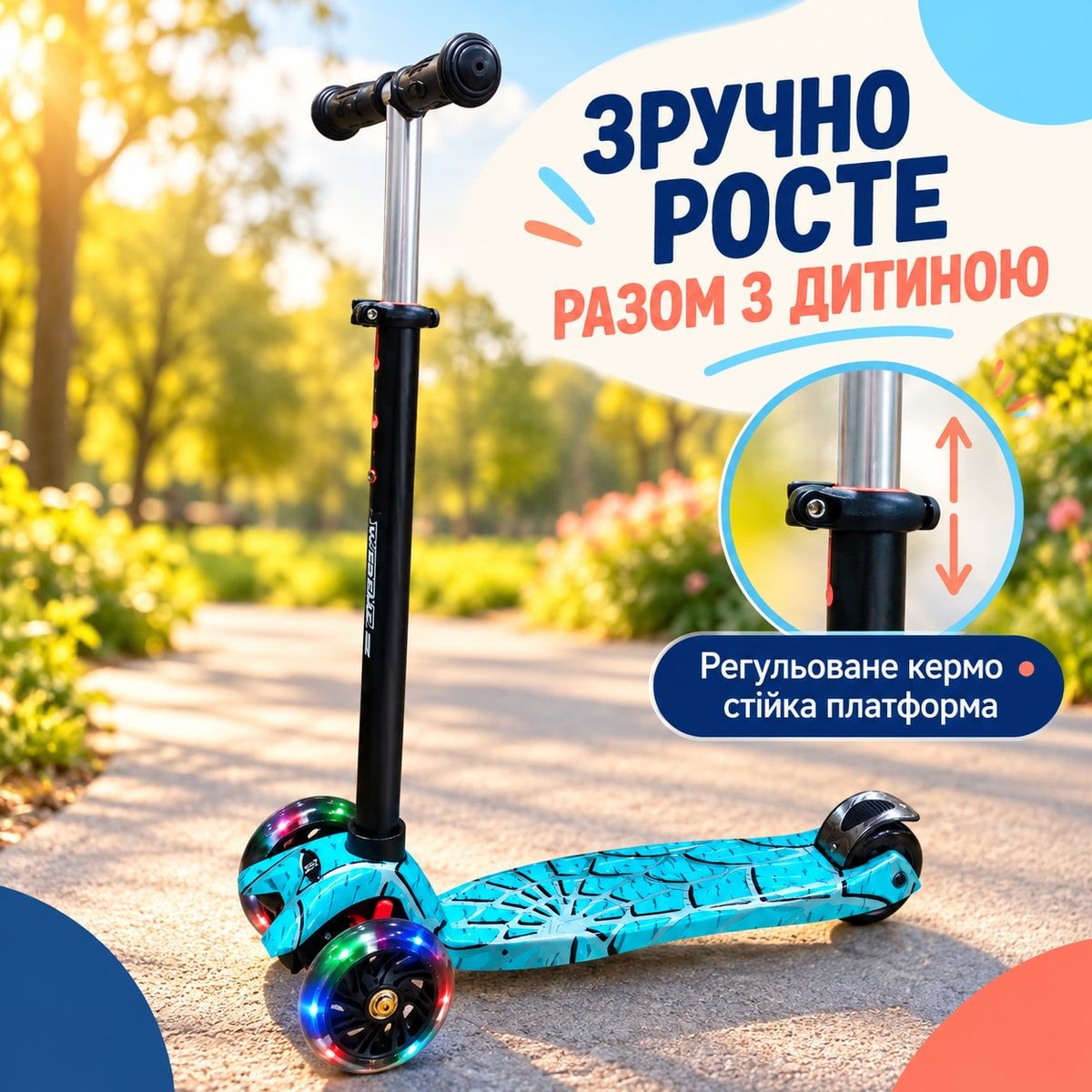 Самокат дитячий триколісний X-TREME KS-209W 60 кг дитячий самокат блакитний з підсвічуванням коліс