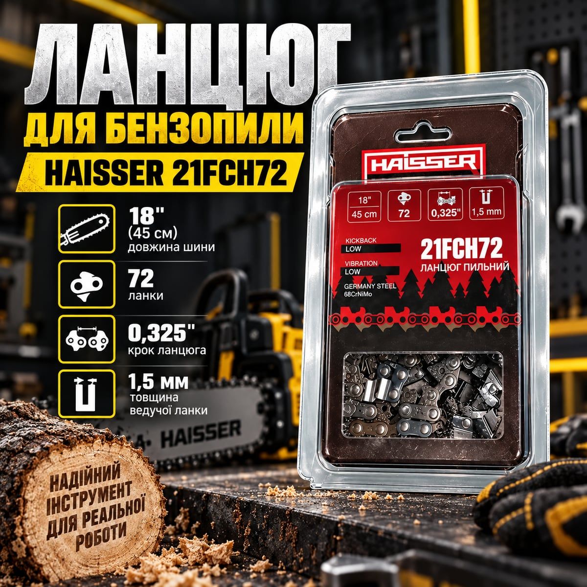 Ланцюг для бензопили Haisser 21FCH72 72 ланки крок 0 325 паз 1 5 мм