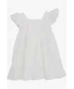 White Squared Neck Short Sleeve Dress w/ Flower Embroidered - Baby Girls' Wear - Polyester