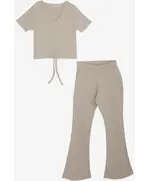 Beige Elastic Set - Top & Pants - Girls' Wear - 90% Cotton 10%​ Lycra